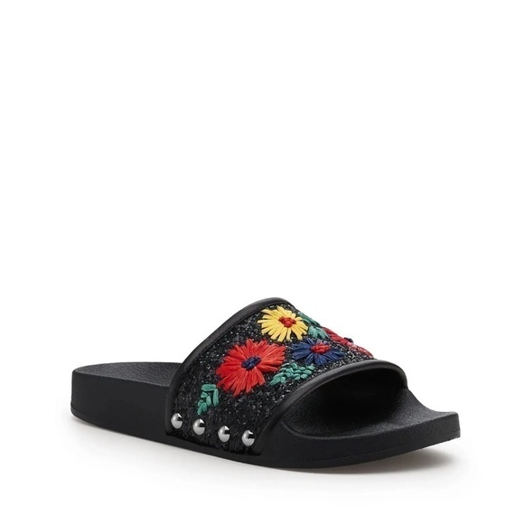 𝅺freda Floral Bright Daisy Slide Sandal Slip On Black Glitter 7 - Picture 2 of 11